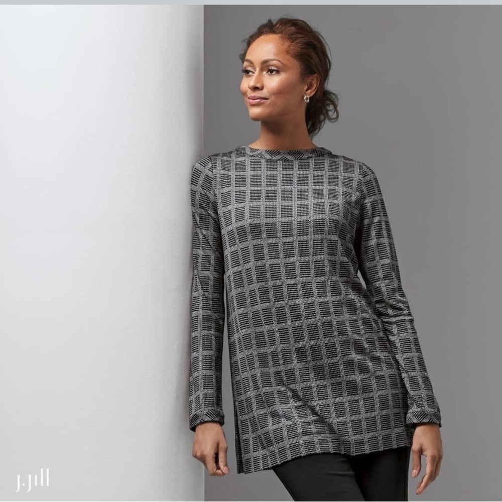 J JILL M grey windowpane long sleeve knit stretch comfort tunic coastal grandma